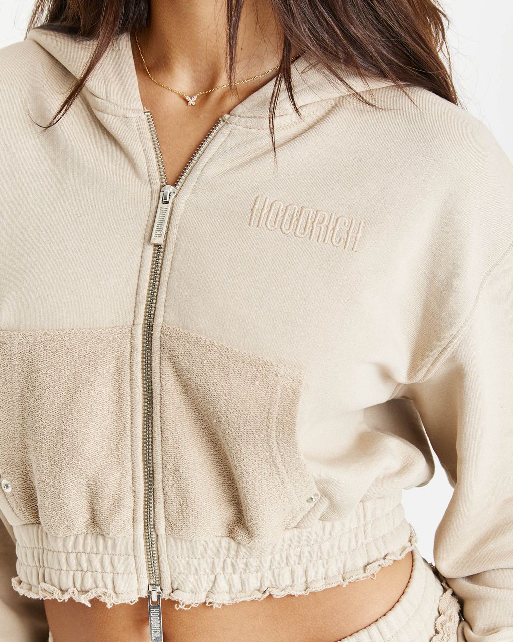 Beige Hoodrich Collision Relaxed Cropped Zip Hoodie USA | 985-WLIHPB