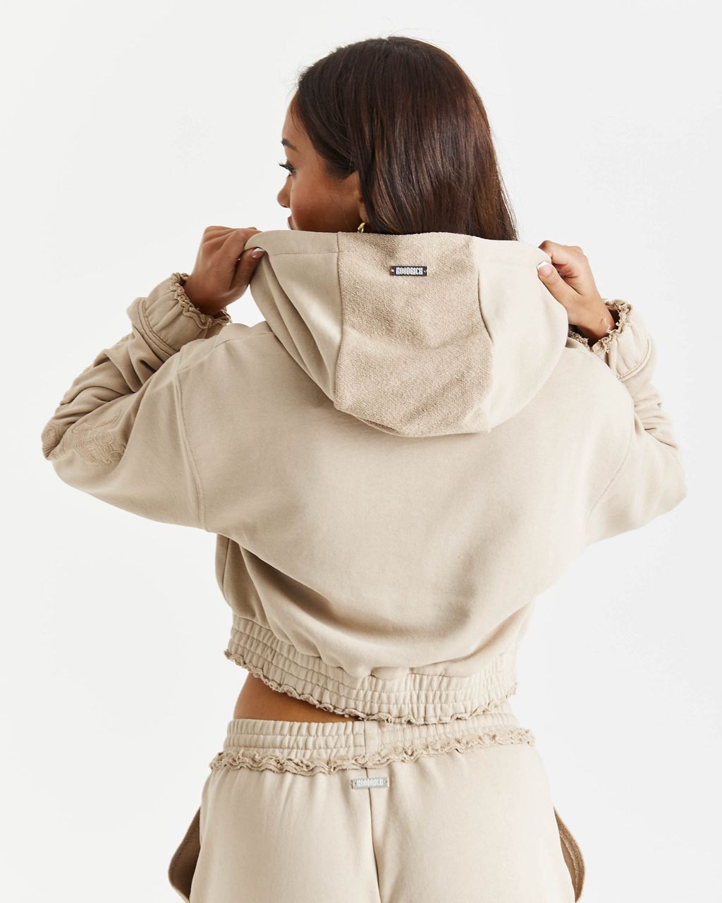 Beige Hoodrich Collision Relaxed Cropped Zip Hoodie USA | 985-WLIHPB