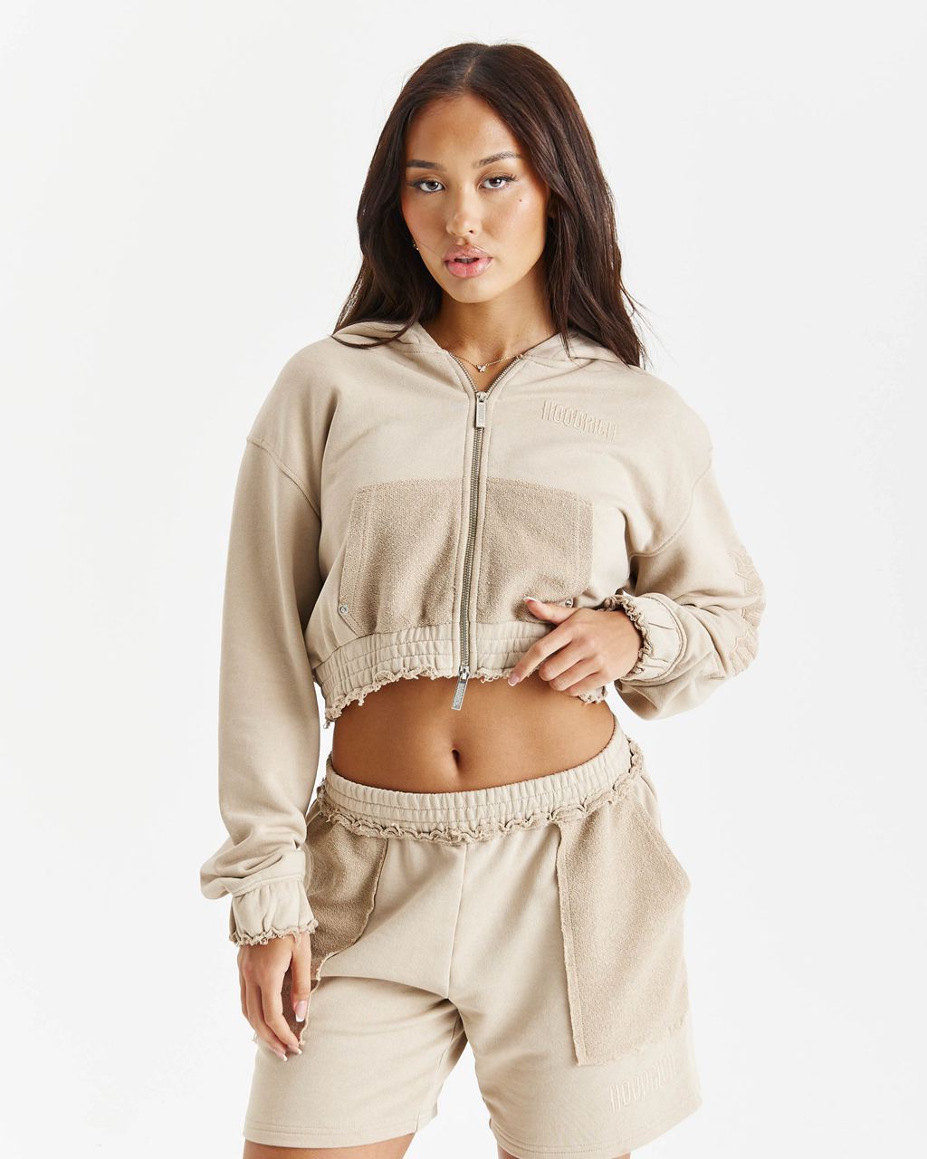 Beige Hoodrich Collision Relaxed Cropped Zip Hoodie USA | 985-WLIHPB