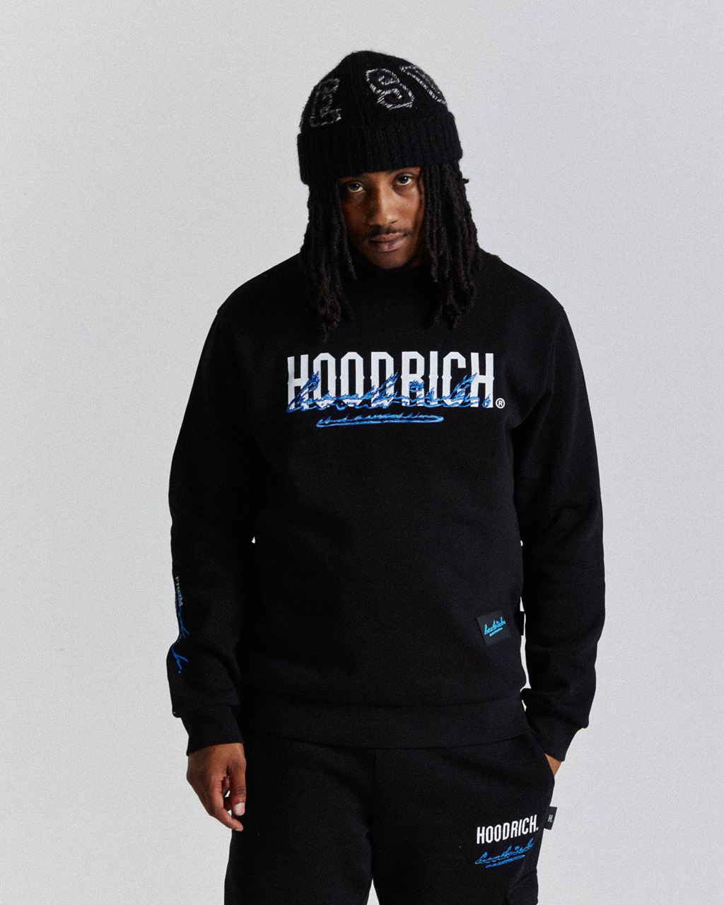 Black/White/Blues Hoodrich Flames Sweatshirt USA | 726-PJQXWY