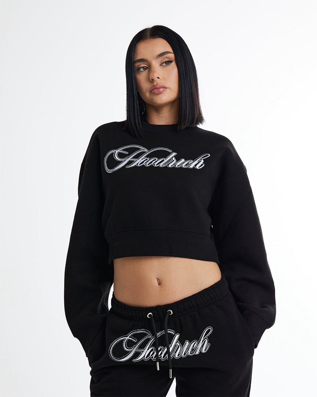 Black/White/Rhinestone Hoodrich Figure Cropped Sweatshirt USA | 498-YFUVTC