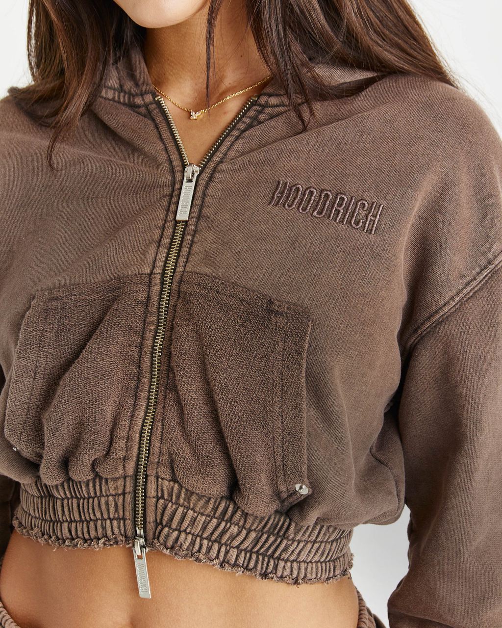 Brown Hoodrich Collision Relaxed Cropped Zip Hoodie USA | 941-HKQOGD