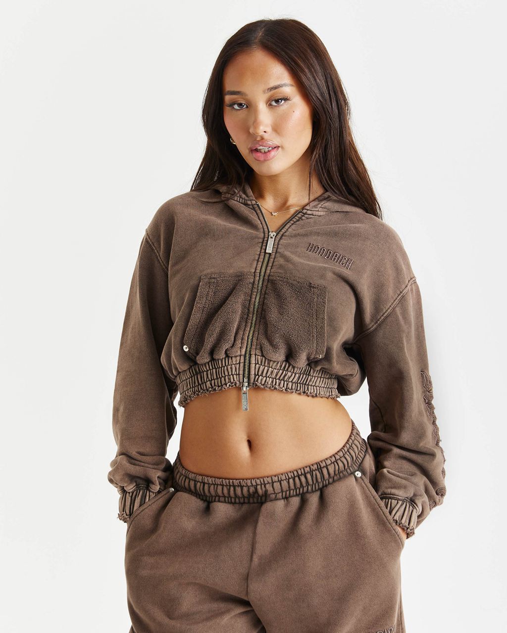 Brown Hoodrich Collision Relaxed Cropped Zip Hoodie USA | 941-HKQOGD